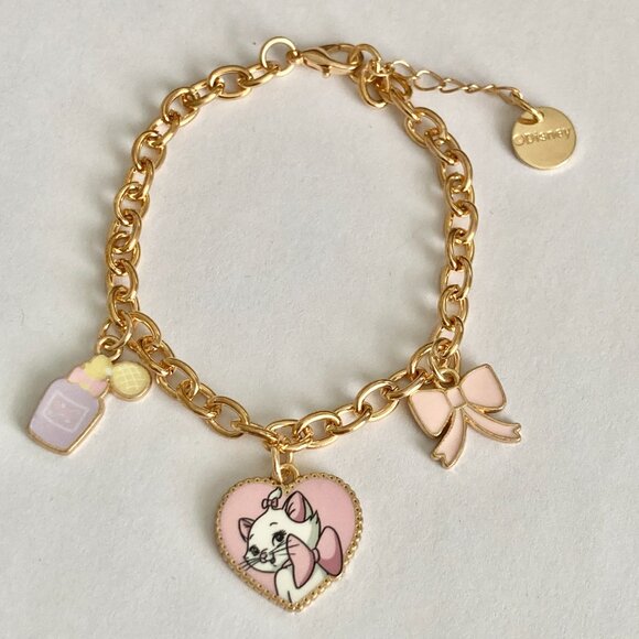 Disney Aristocats Marie Cat Charm Bracelet Heart Bow Signed 7-8" White Gold Tone - Picture 2 of 10